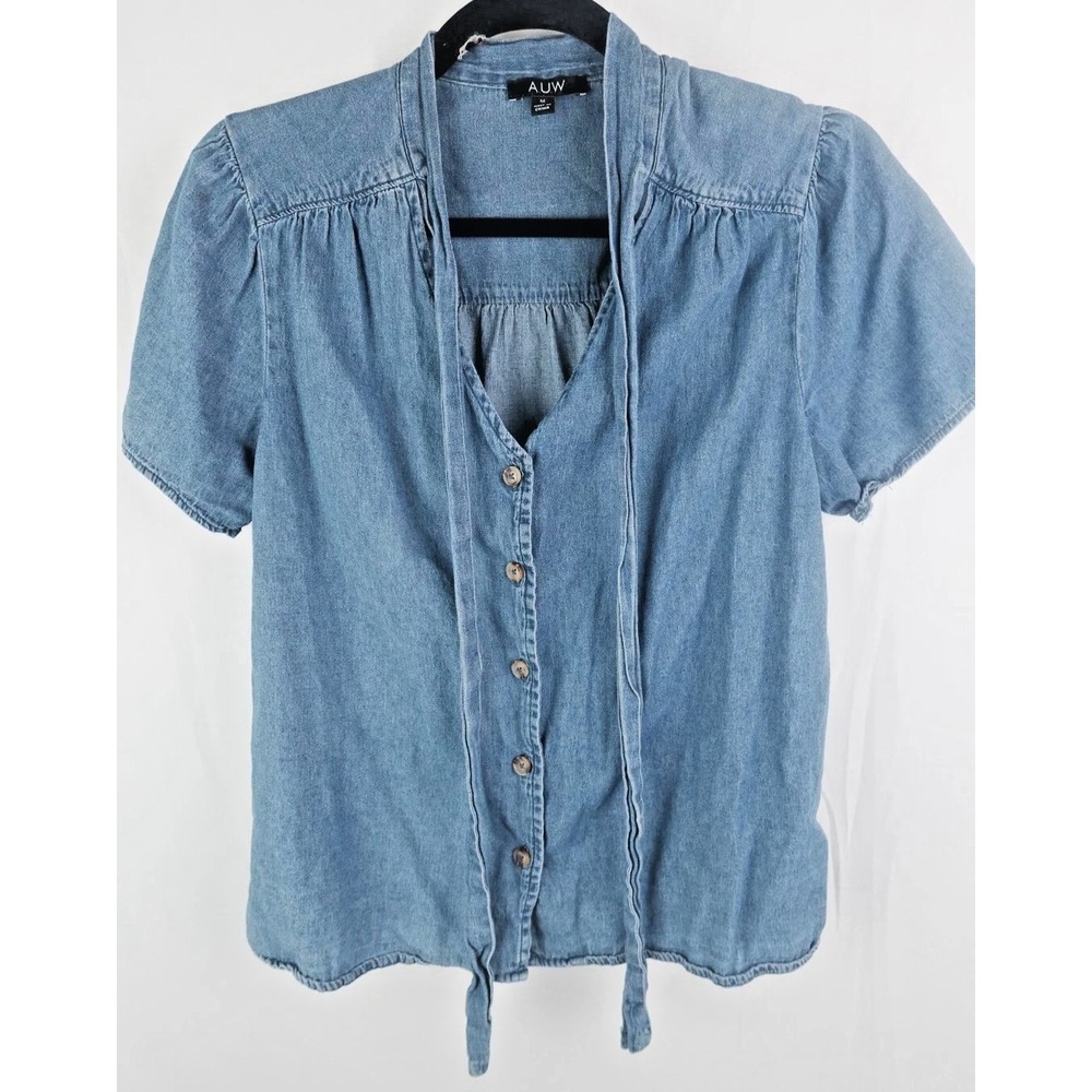 AUW Chambray‎ Denim Tie Front Blouse M Short Sleeve Button Down Cottagecore Top